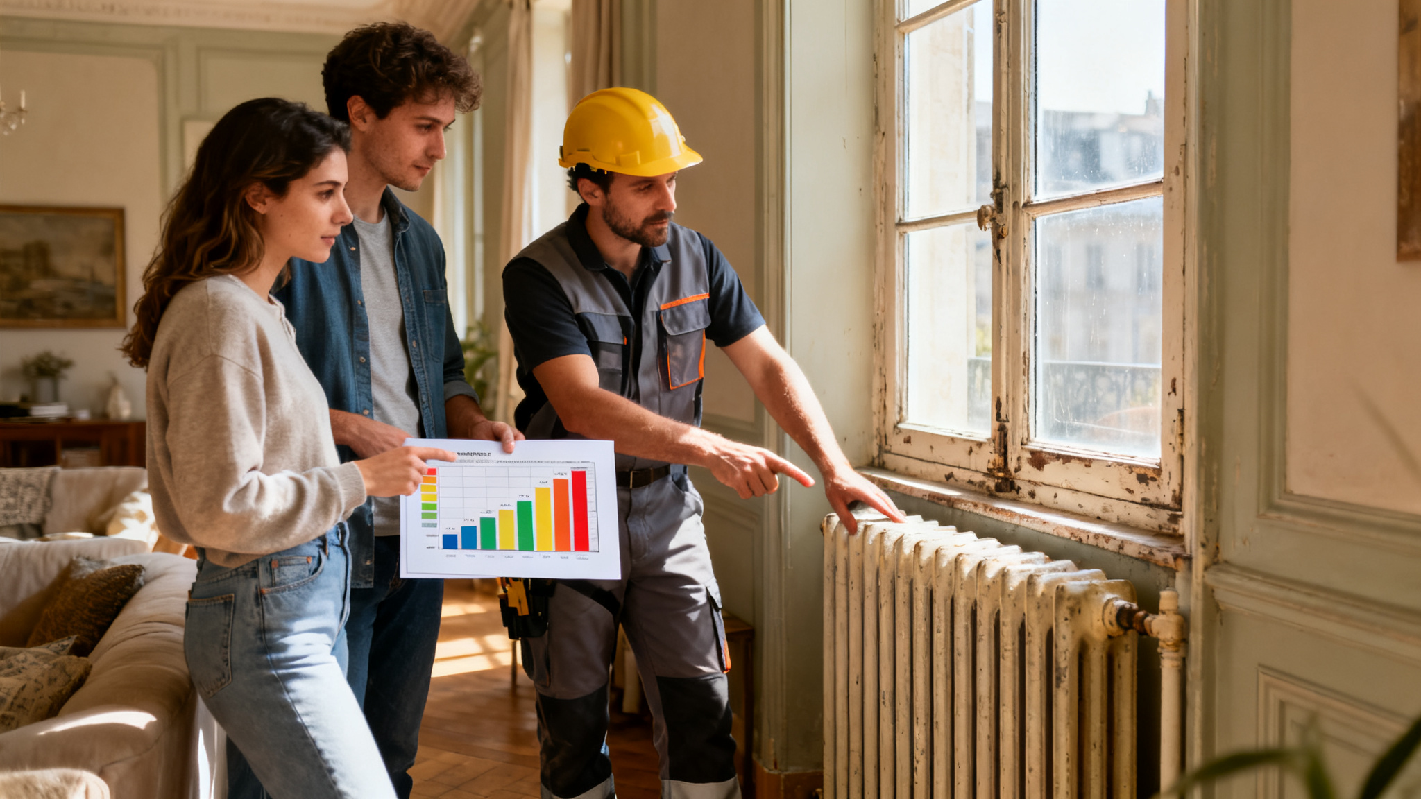 Couple évaluant acheter une passoire thermique et travaux