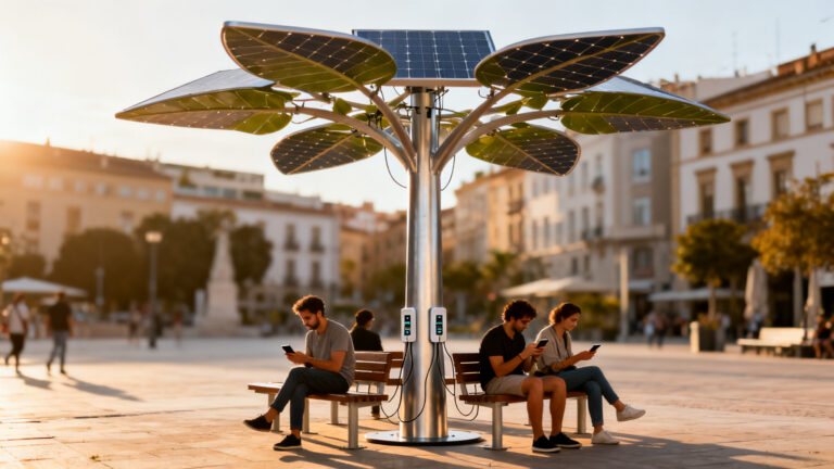 Arbre solaire urbain offrant ombrage et recharge USB-C