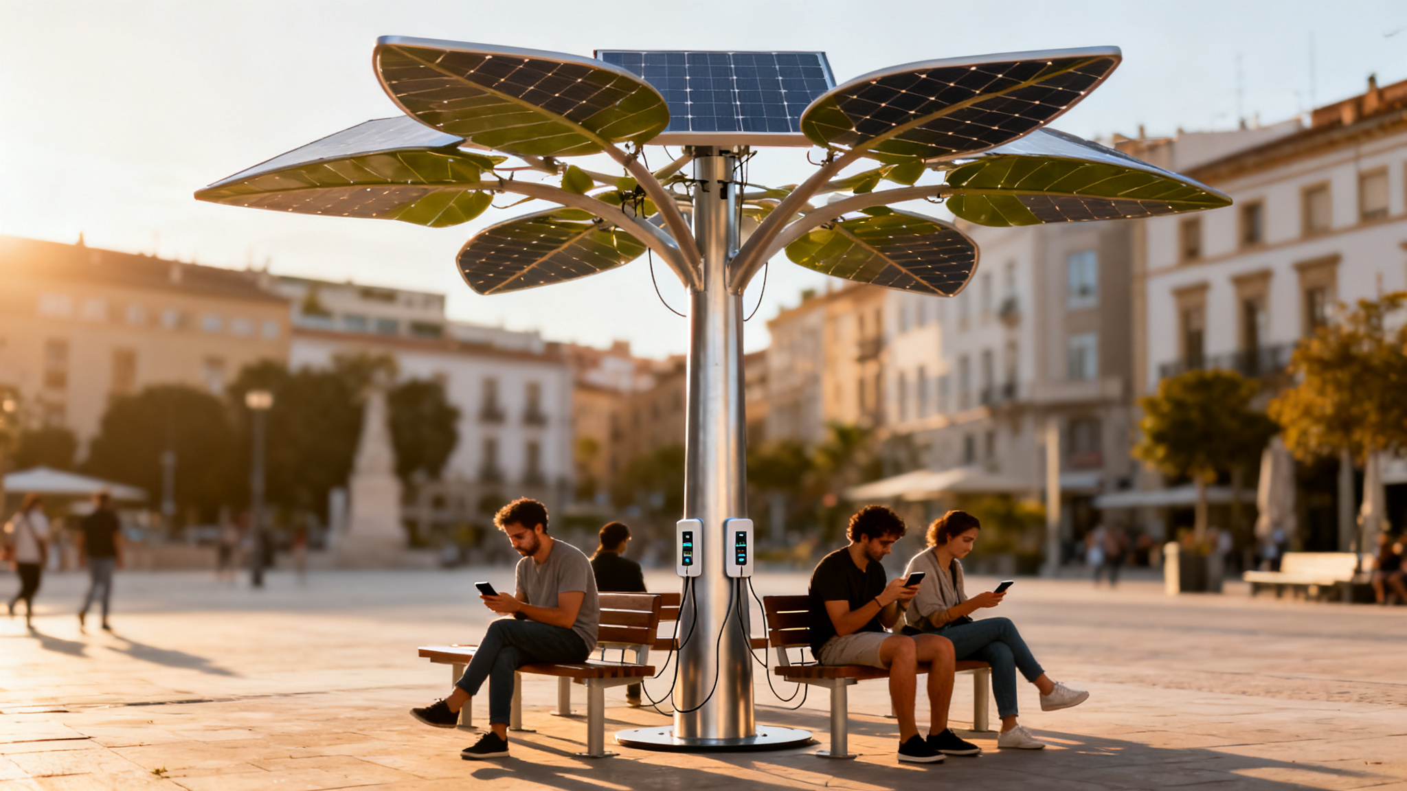 Arbre solaire urbain offrant ombrage et recharge USB-C