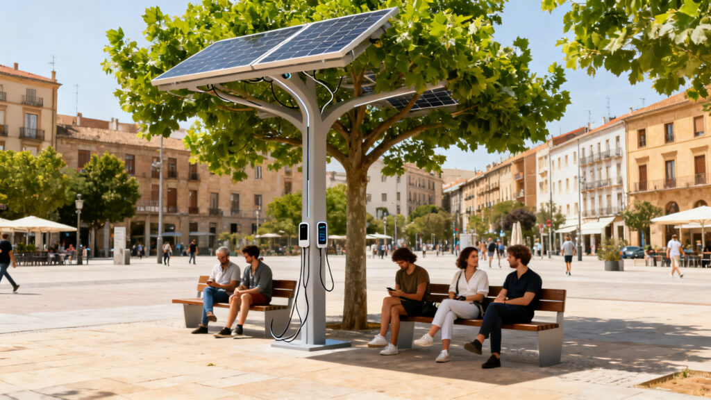 Mobilier urbain solaire avec bancs et prises USB-C