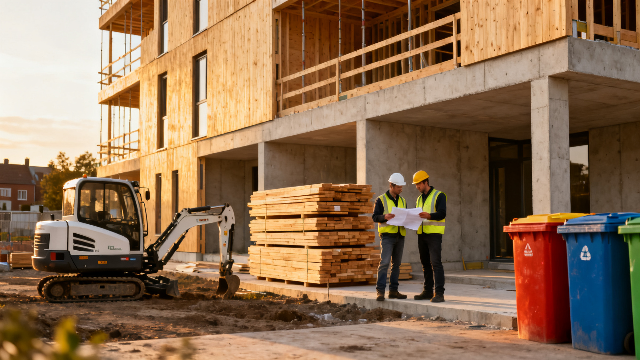 Chantier de bâtiment bas carbone avec structure bois-béton