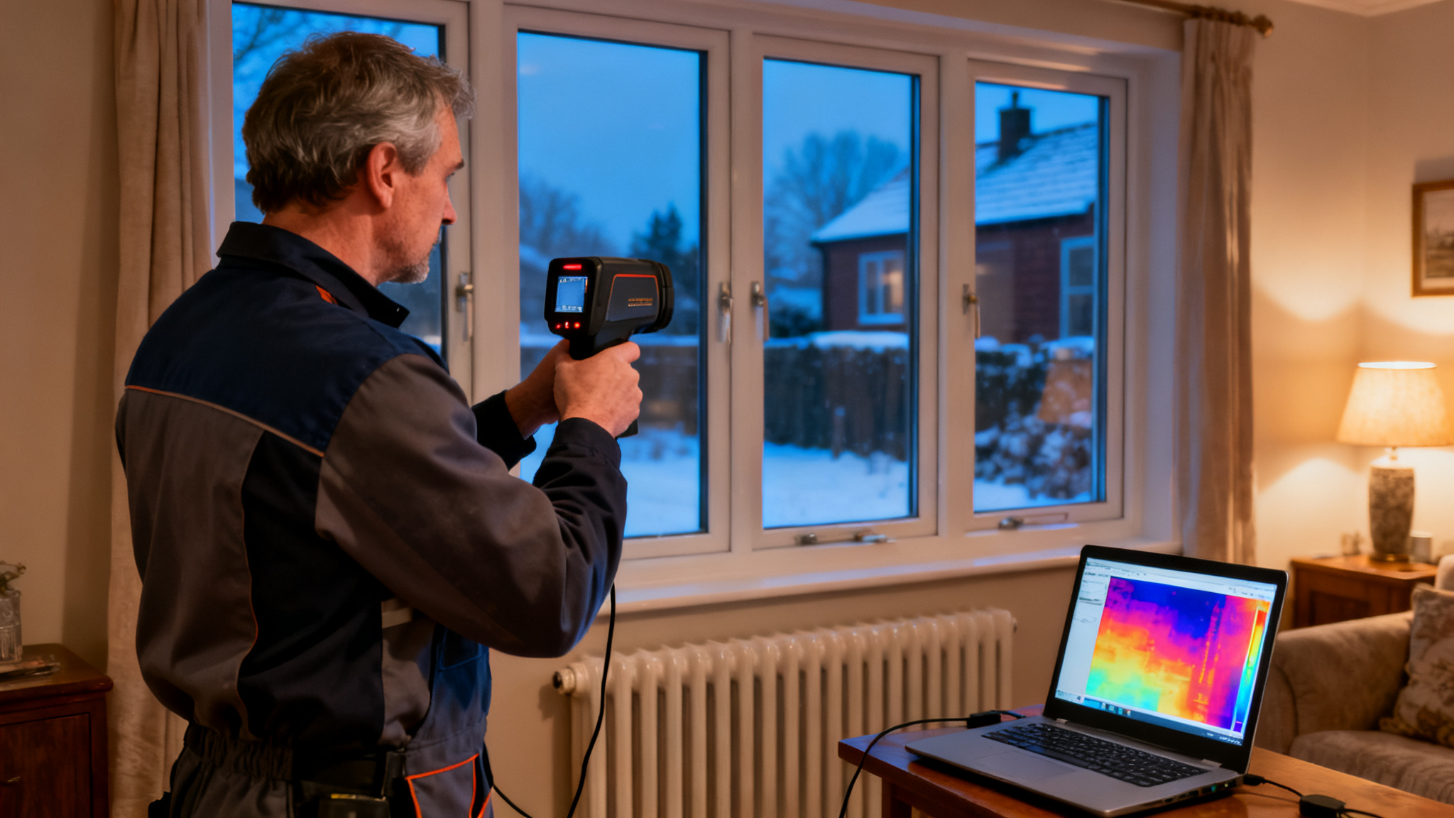 Auditeur réalisant un bilan thermique de maison avec caméra IR