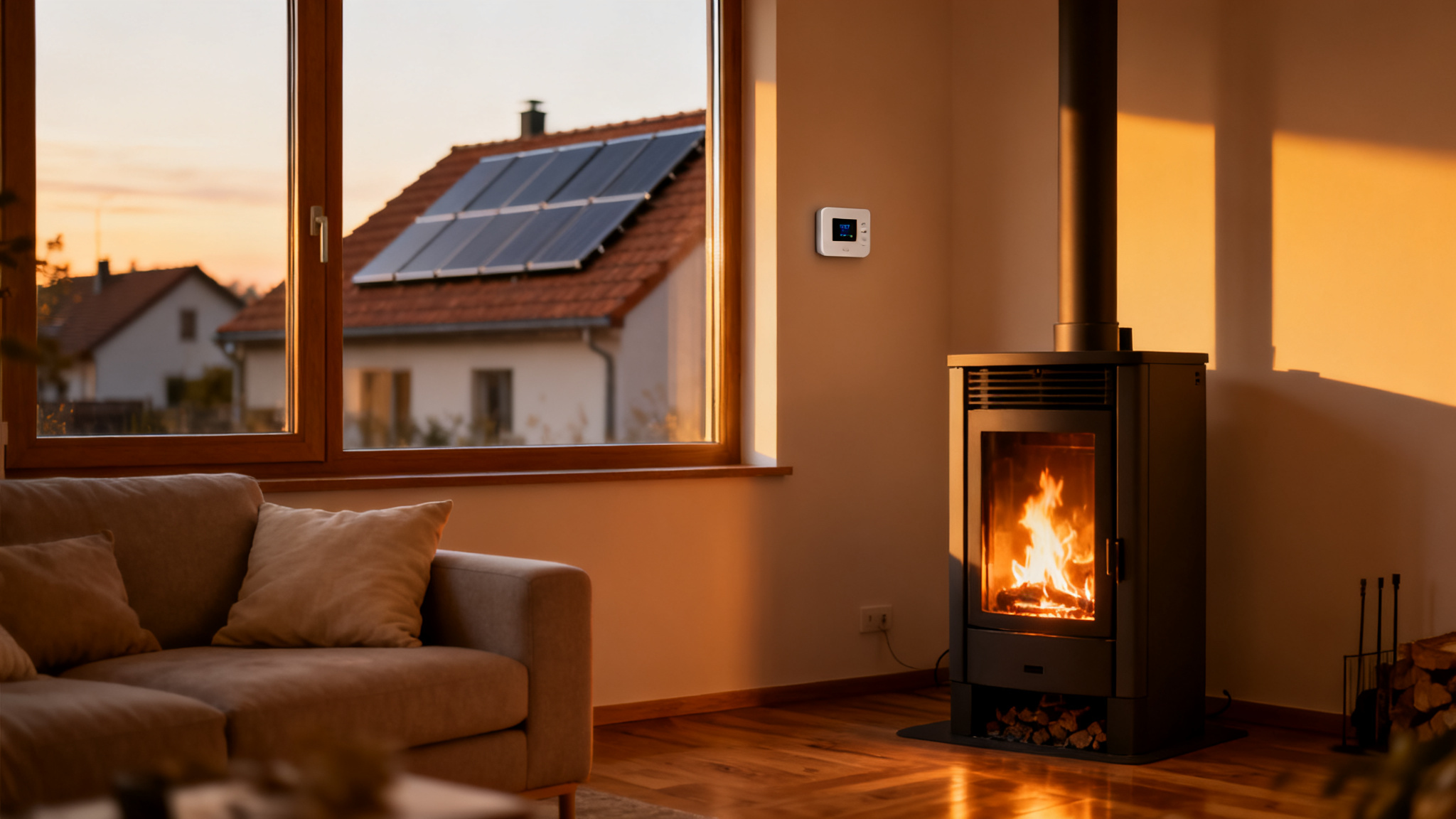 Salon avec poêle à granulés et panneaux solaires, chauffage écologique
