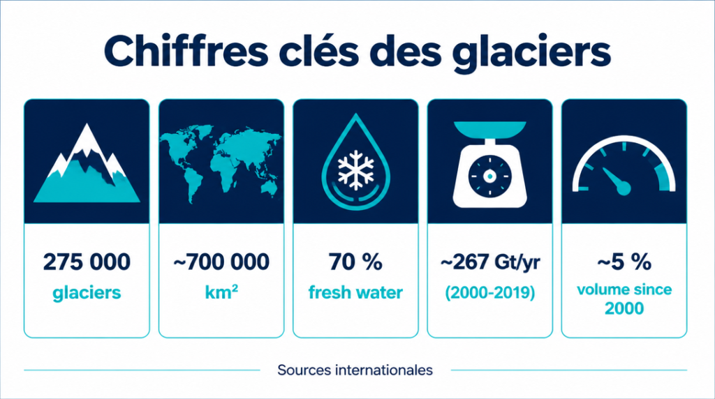 Infographie des chiffres clés&nbsp;: 275&nbsp;000 glaciers, 700&nbsp;000&nbsp;km², 267&nbsp;Gt/an