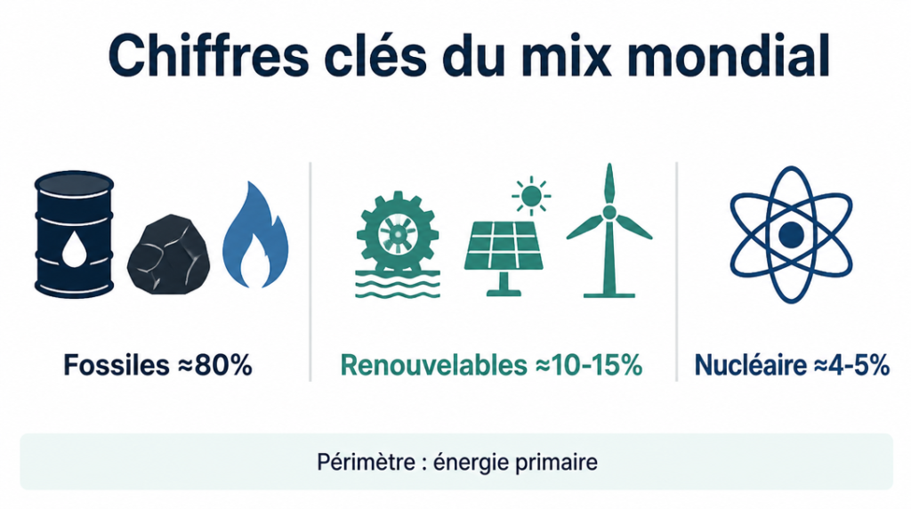 Parts des fossiles, renouvelables et nucléaire en énergie primaire
