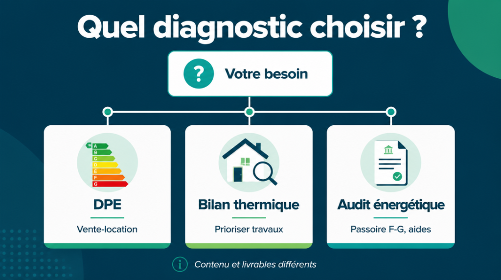 Schéma décisionnel DPE vs bilan thermique vs audit énergétique
