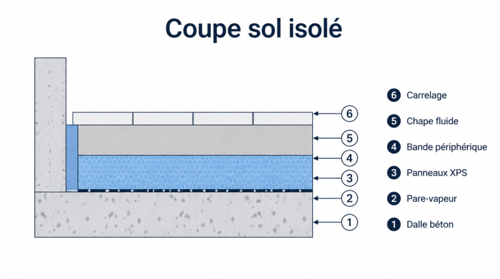 Schéma coupe sol isolé sous chape avec XPS et pare-vapeur