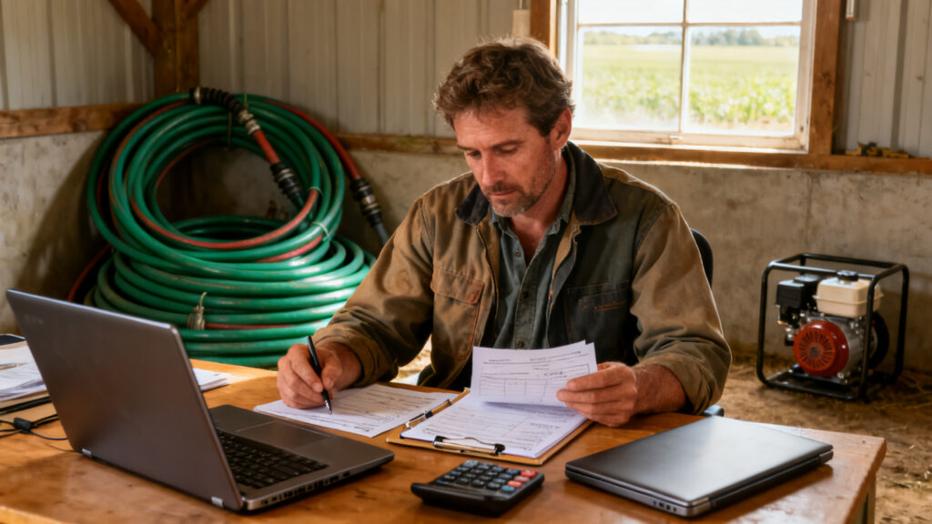 Agriculteur calculant coûts de production et assurance récolte