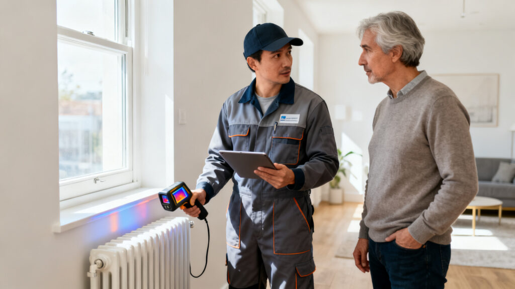 Diagnostiqueur certifié réalisant un DPE dans un logement