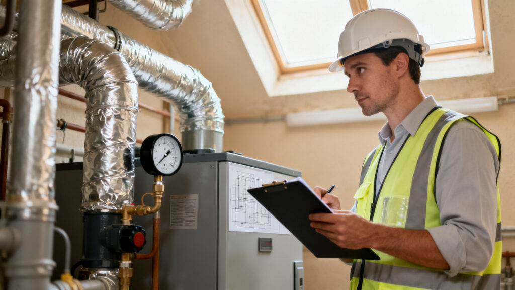Diagnostiqueur DPE certifié examinant chauffage et ventilation
