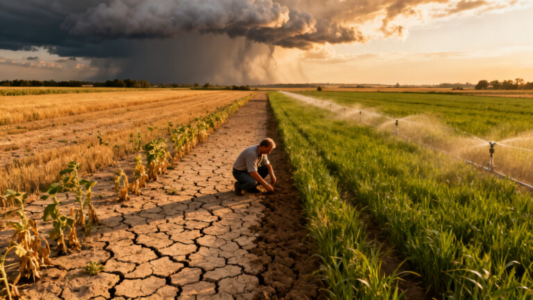Paysage illustrant les effets du changement climatique sur l’agriculture, sécheresse et orage