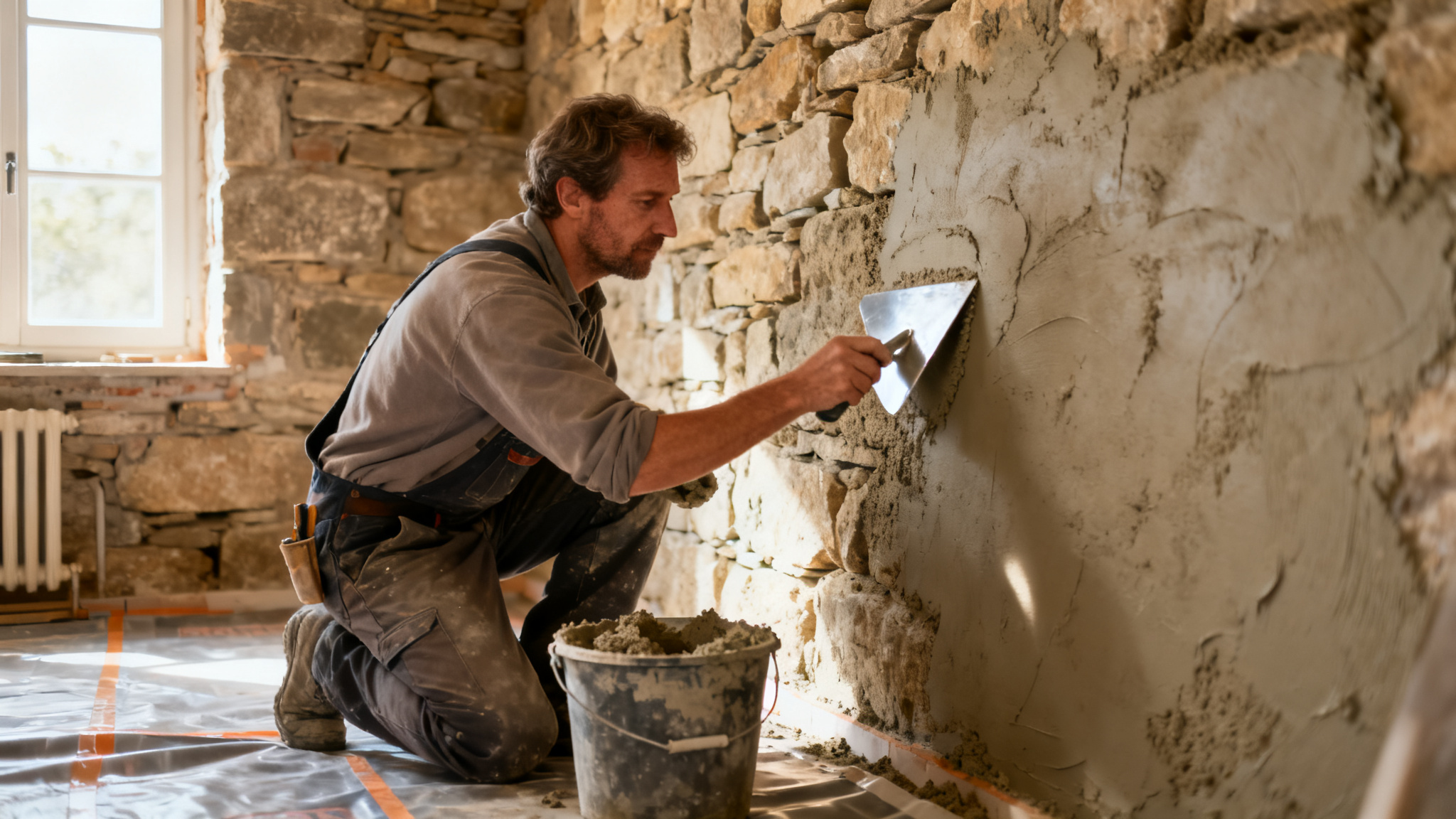 Application d’un enduit isolant thermique intérieur sur mur en pierre