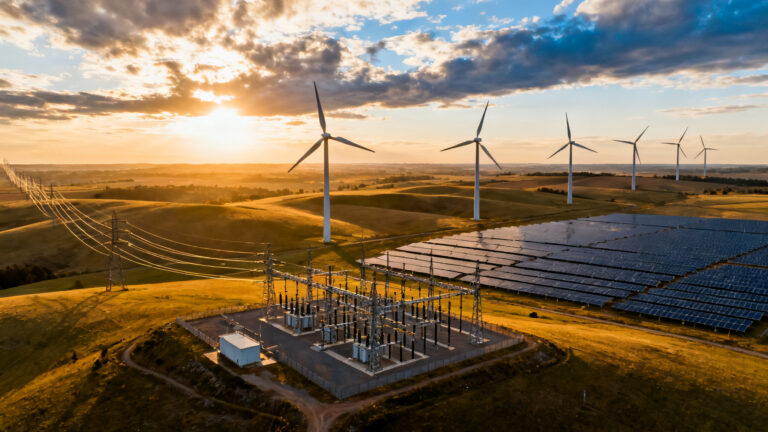 Paysage réseau, éoliennes et panneaux solaires illustrant l'énergie intermittente