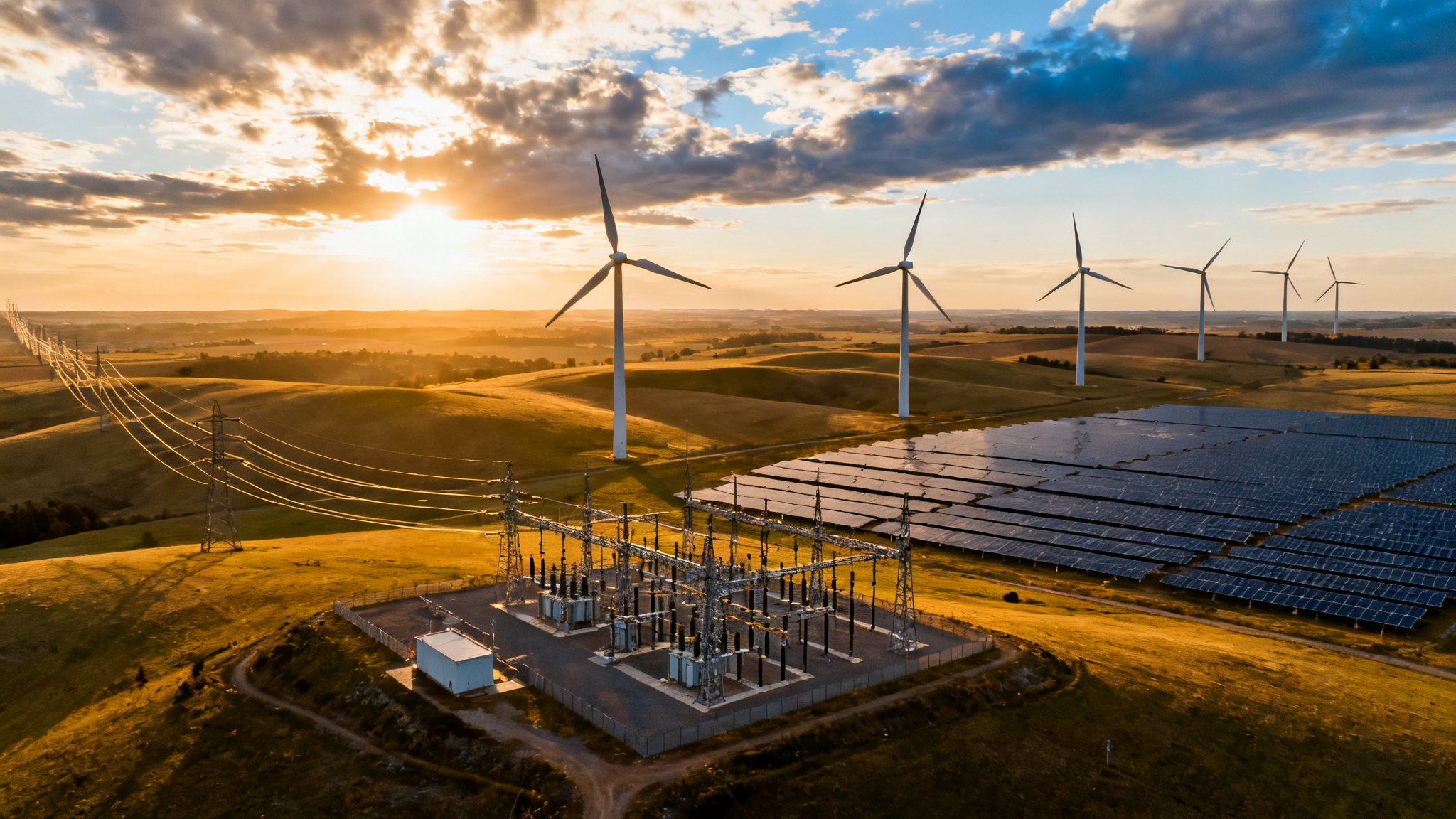 Paysage réseau, éoliennes et panneaux solaires illustrant l'énergie intermittente