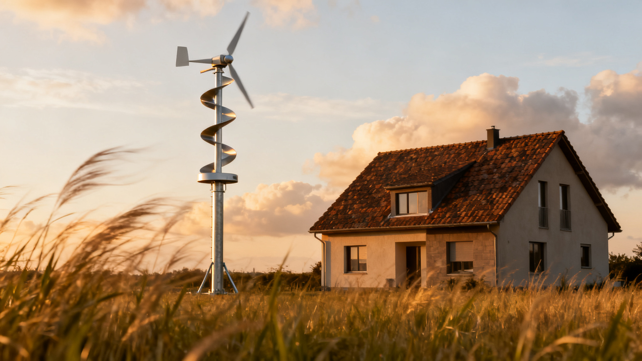 Éolienne verticale sur mât près d’une maison