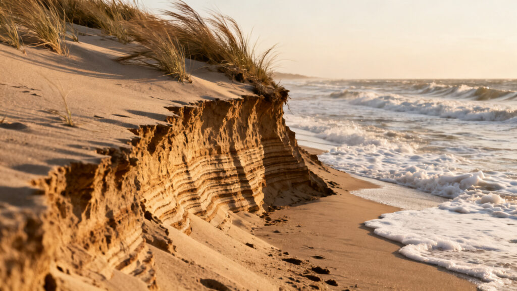 Recul du trait de côte sur dune érodée après tempête