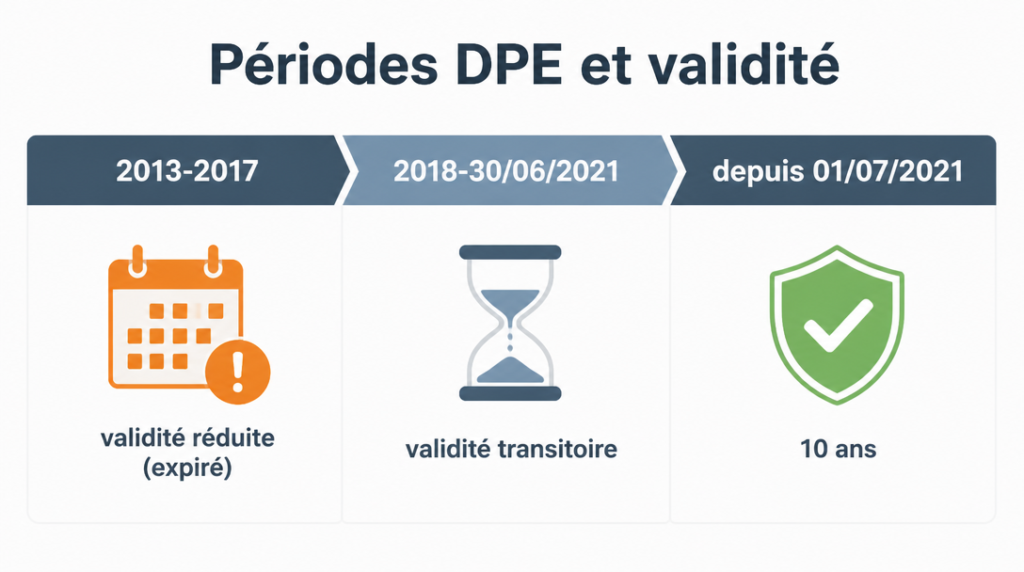 Lignes du temps des exceptions DPE 2013-2021 et règle des 10 ans