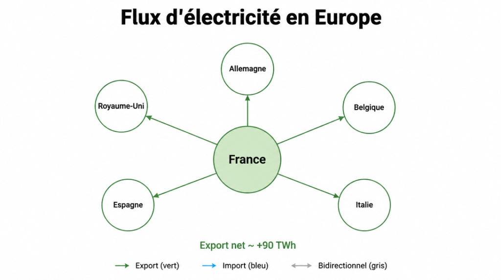 Schéma des interconnexions et du solde extérieur d'électricité français
