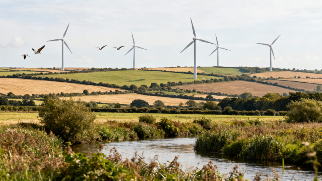 Paysage rural avec éoliennes et rivière, enjeux biodiversité et sols