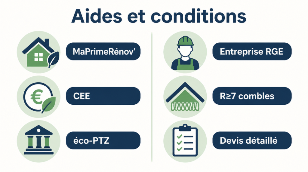 Infographie MaPrimeRénov, CEE, éco-PTZ et exigence RGE
