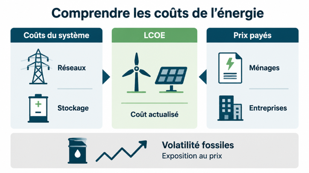 Schéma coûts système vs prix payés, LCOE et stockage