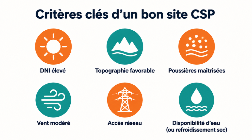 Infographie des critères de site pour centrales CSP