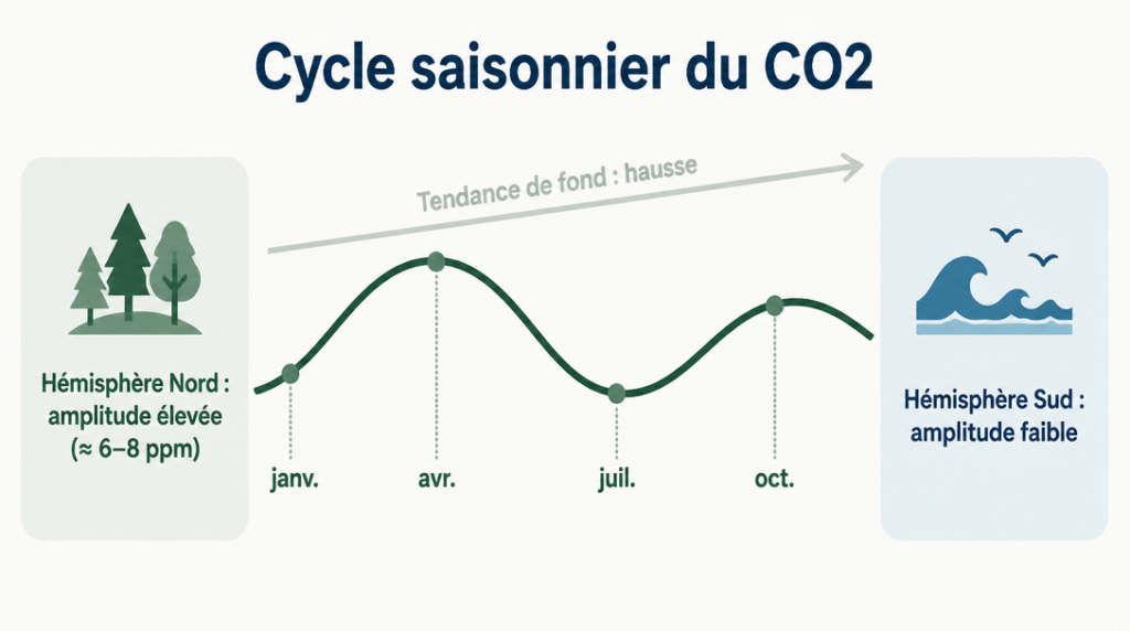 Cycle saisonnier du CO2 avec amplitude plus forte dans l’hémisphère Nord