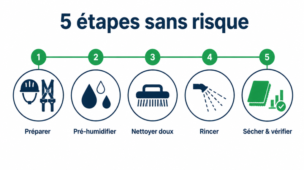 Schéma des 5 étapes pour un nettoyage photovoltaïque sécurisé