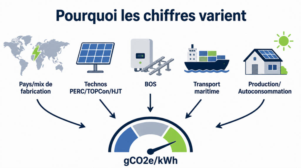 Facteurs d’ACV photovoltaïque : origine, techno, BOS, transport, usage