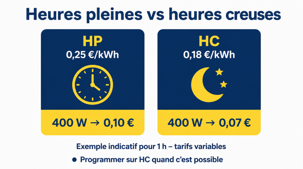 Comparaison du coût horaire en heures pleines et creuses à 400 W