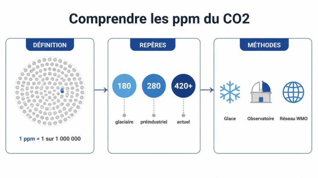 Schéma des ppm du CO2, repères 180-280-420 et méthodes de mesure