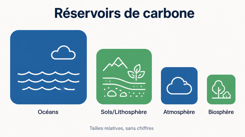 Icônes comparant atmosphère, océans, sols et biosphère