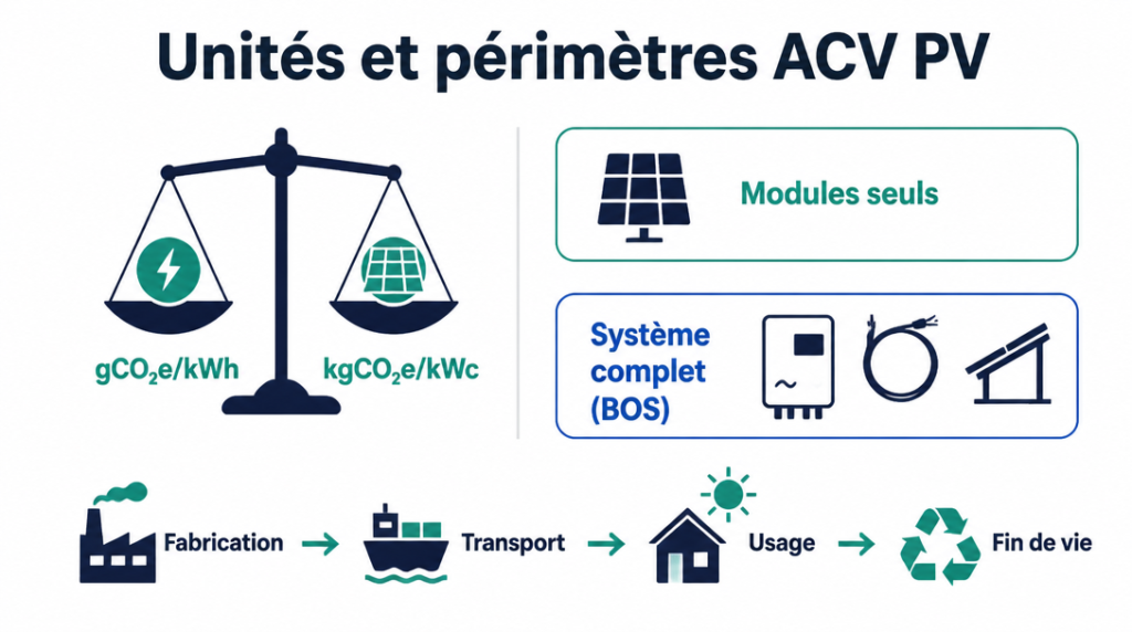 ACV photovoltaïque : unités gCO2e/kWh et périmètres avec BOS