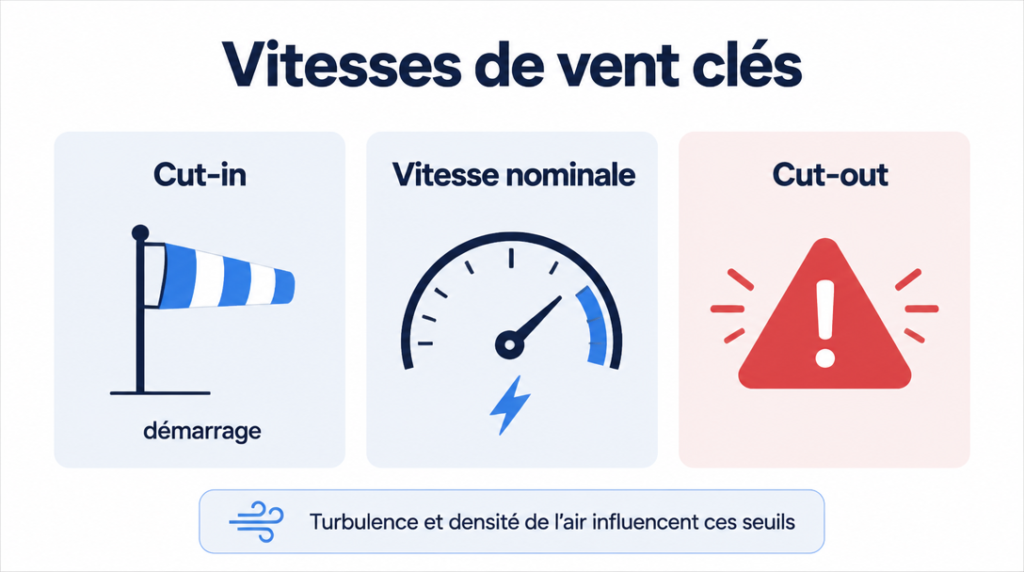 Infographie des seuils cut-in, nominale et cut-out d’une éolienne
