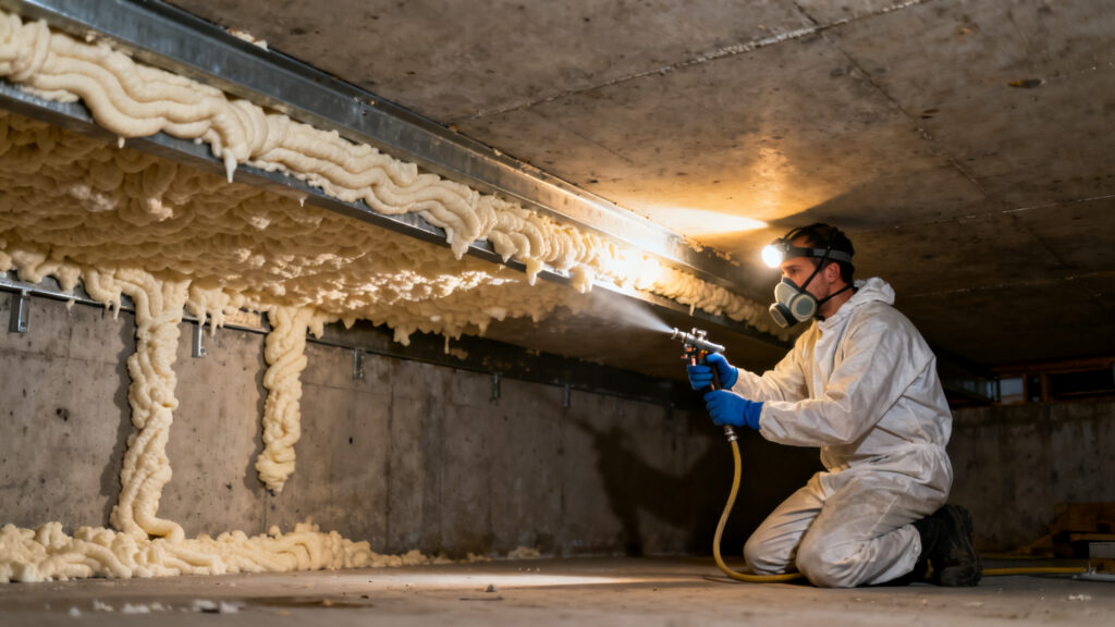 Mousse polyuréthane projetée sous dalle en vide sanitaire