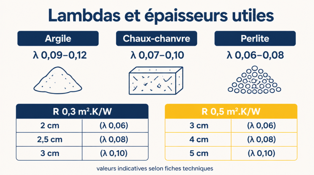 Lambdas par famille et épaisseurs pour atteindre R 0,3 et 0,5