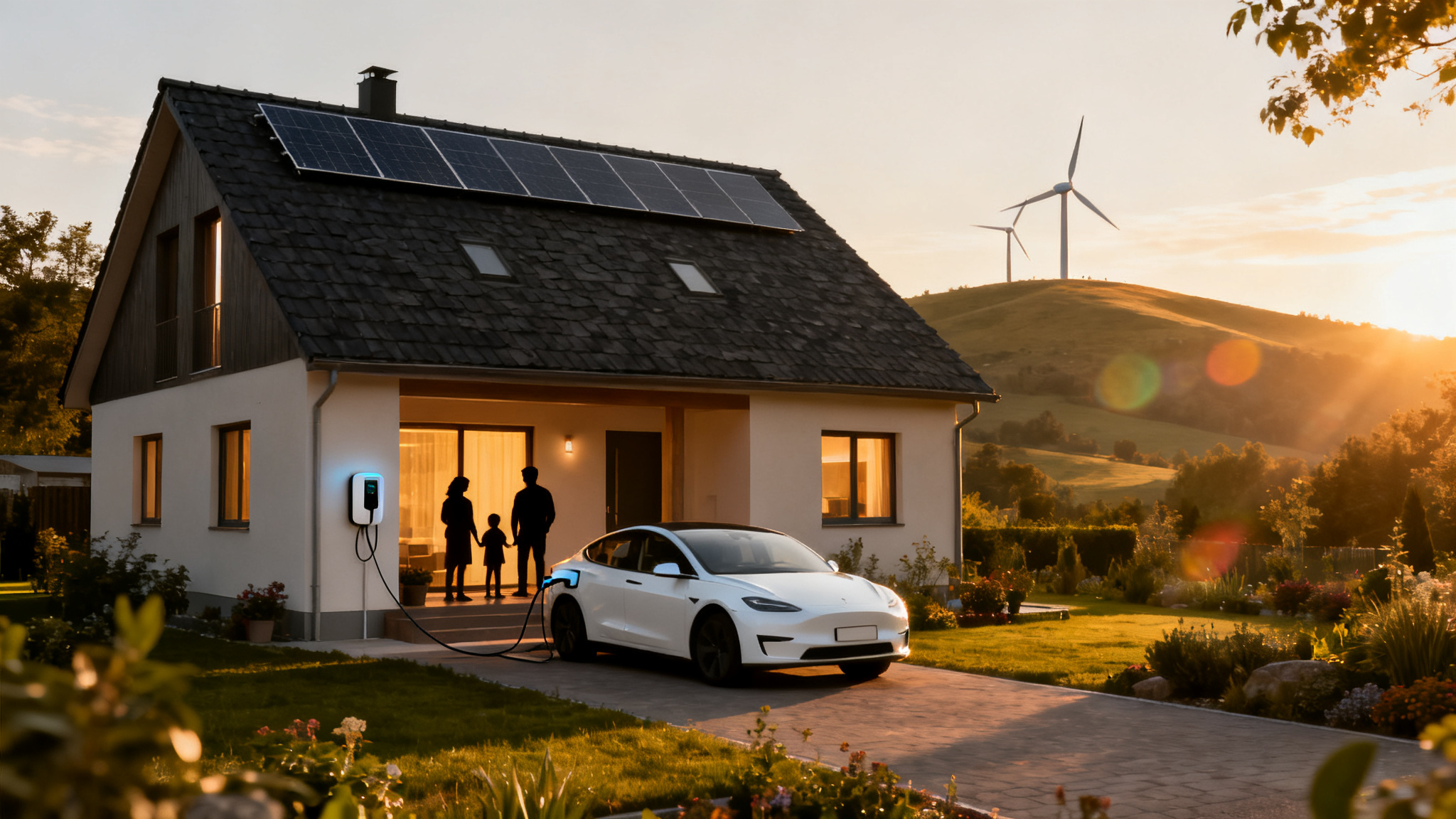 Maison avec panneaux solaires et voiture électrique en transition énergétique