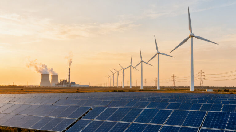 Panorama illustrant le mix énergétique mondial avec solaire, éolien et réseau