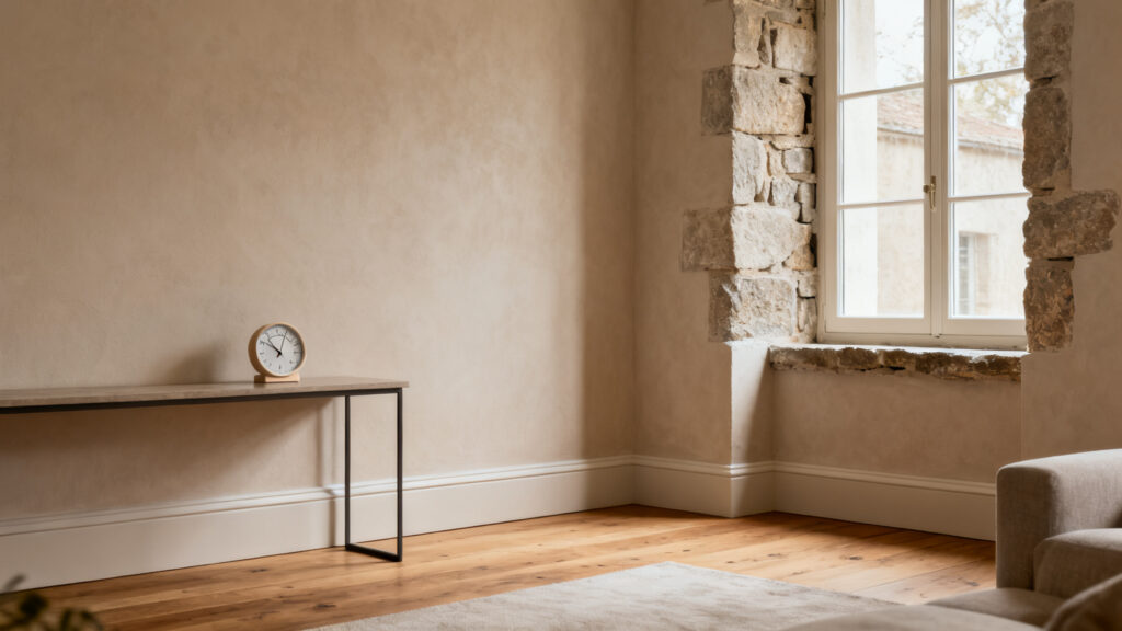 Mur enduit minéral perspirant dans un salon de bâti ancien