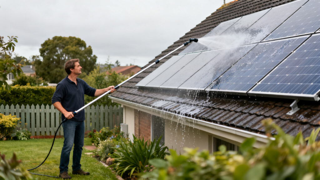 Nettoyage depuis le sol avec perche télescopique sur toit pentu
