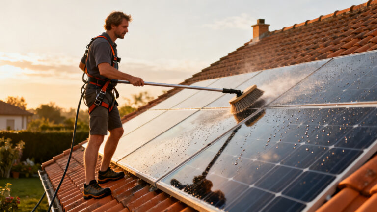 Homme en sécurité pour nettoyer un panneau solaire au matin