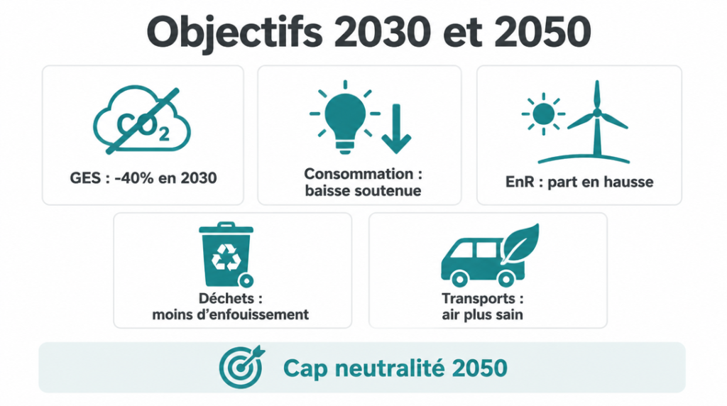 Synthèse des objectifs GES, EnR, déchets et transports 2030-2050