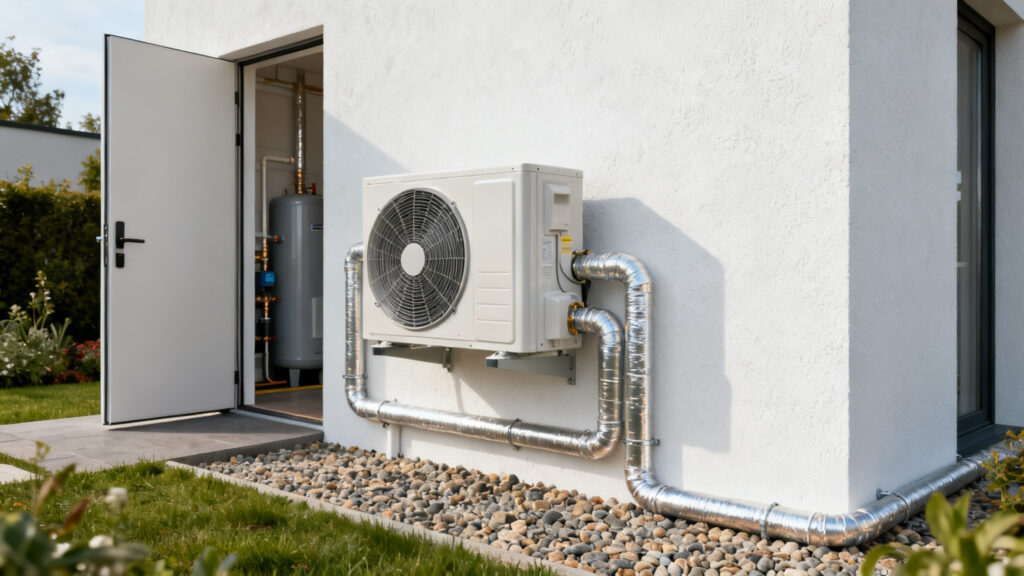 Pompe à chaleur air/eau installée contre façade moderne