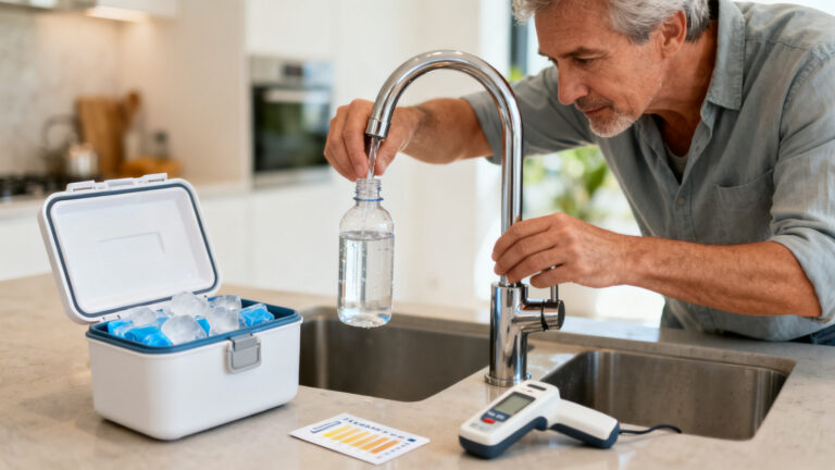 Prélèvement pour un test de l'eau potable à domicile