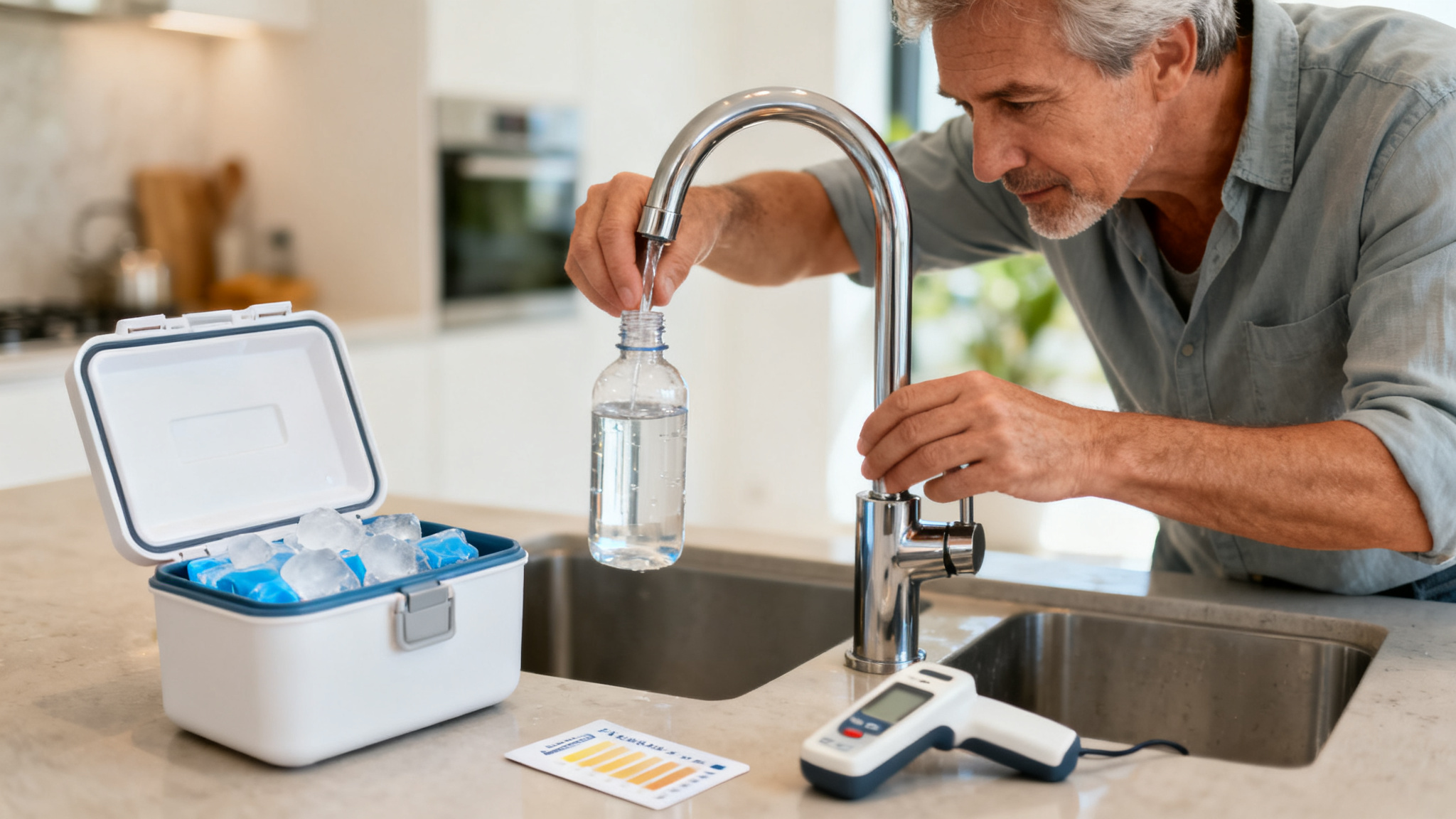 Prélèvement pour un test de l'eau potable à domicile