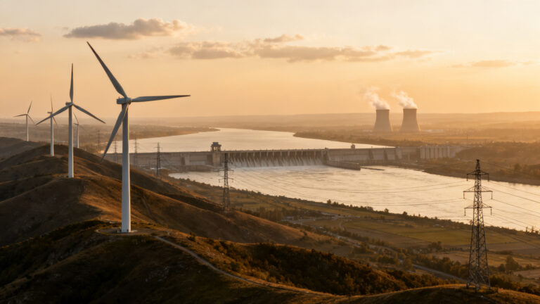 Paysage illustrant la production d'électricité en France, éolien et hydraulique