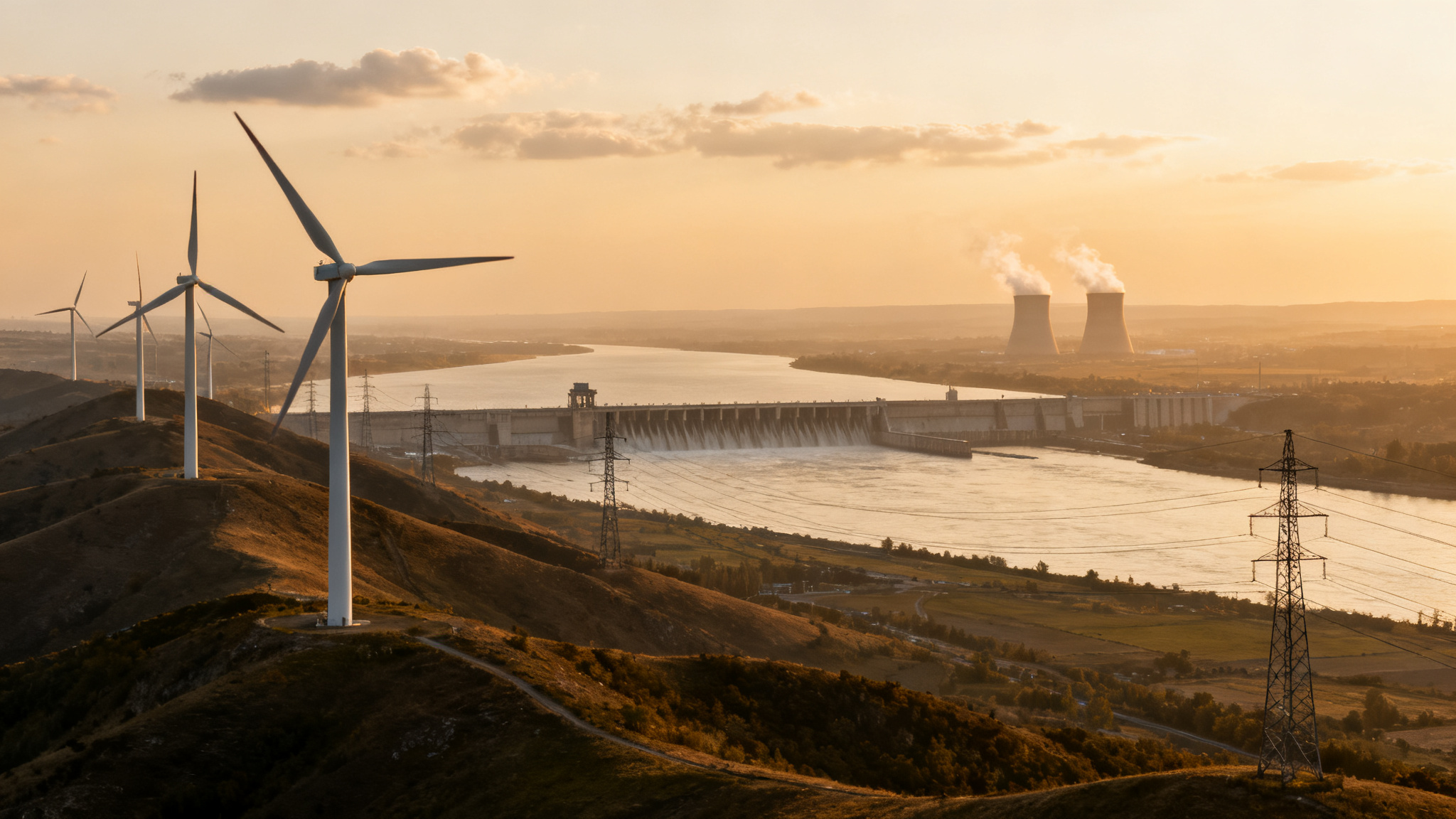 Paysage illustrant la production d'électricité en France, éolien et hydraulique