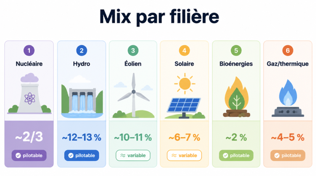 Répartition par filière du mix électrique français, ordres de grandeur