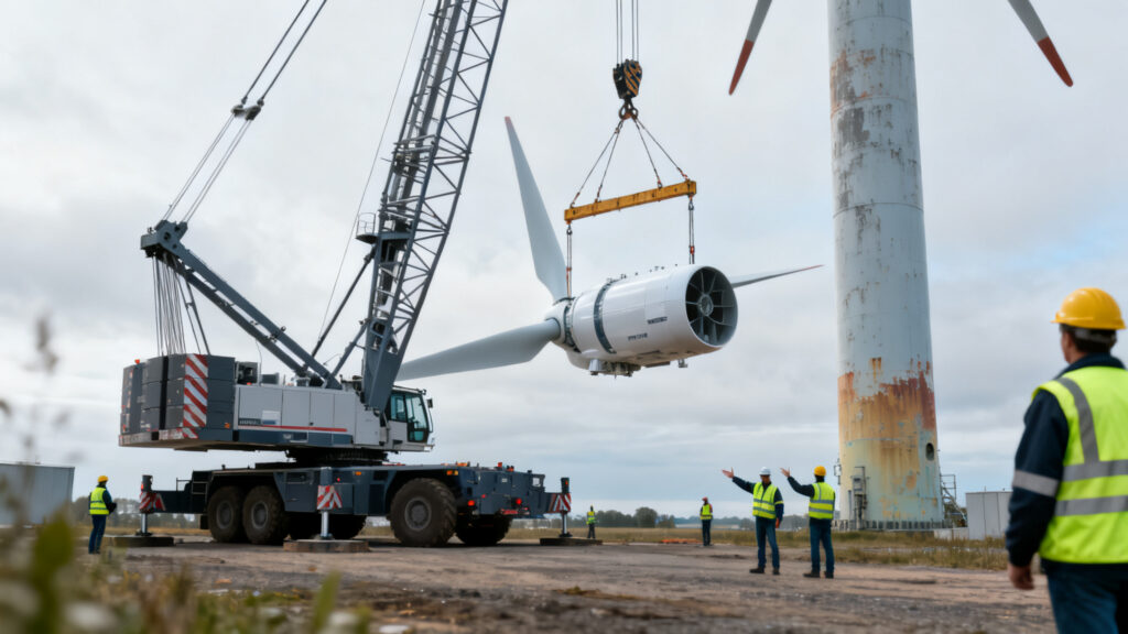 Grue installant une nouvelle turbine pour un repowering éolien