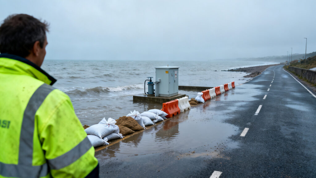 Route côtière inondée impactant réseaux et services essentiels